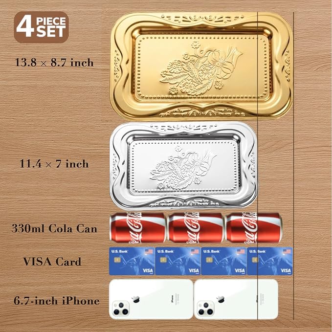 4-Pack Gold Serving Trays Set - ZENOVLUX Lightweight Bow Floral Engraved Mirror Decorative Tray, 13.8" x 8.7" Party Platters for Easter, Food, Appetizer, Charcuterie, Cookies, Desserts
