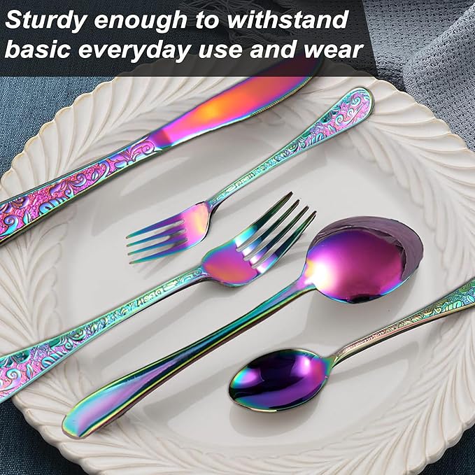 Runfly Vintage Carved Rainbow Stainless Steel 20 Pieces Flatware Set, Colorful Silverware Set, Modern Embossed Cutlery Set Utensils Including Fork Spoon and Knife