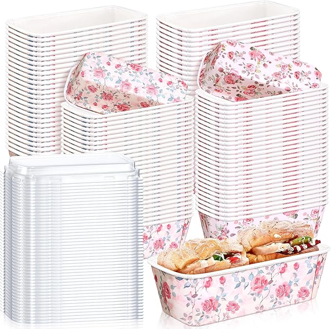 LemonRoad 100 Pcs Rose Mini Loaf Pans with Lids 6.3 x 2.2 x 2.2 Inch Floral Disposable Paper Baking Pan Bulk, Mothers Day Wedding Bridal Baby Shower Baking Party Supplies for Cake Bread Oven Bakery