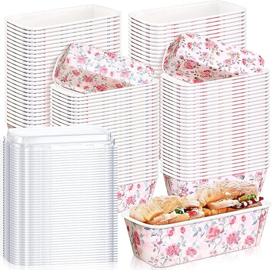 LemonRoad 100 Pcs Rose Mini Loaf Pans with Lids 6.3 x 2.2 x 2.2 Inch Floral Disposable Paper Baking Pan Bulk, Mothers Day Wedding Bridal Baby Shower Baking Party Supplies for Cake Bread Oven Bakery