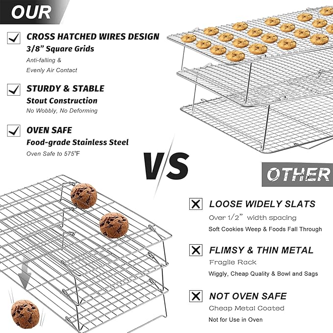 Tebery 304 Grade Stainless Steel Baking Rack 3-Tier Stackable Cooling Rack Set for Baking Cooking Grilling - 16.5" x 12"