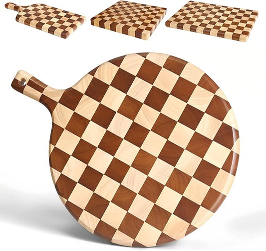 Checkered Round Cutting Board with Handle for Kitchen Decor, 17"L x 13"W x 1" Thick – Wooden Chopping, Cheese & Charcuterie Board in Acacia Wood, Decorative Serving Platter for Meat, Bread & Pizza