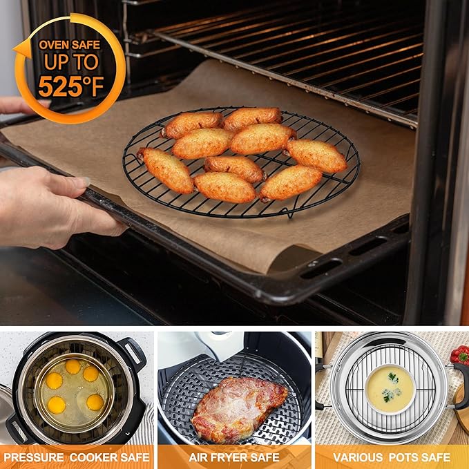 P&P CHEF 10½ Inch Cooking Rack Round, Stainless Steel Round Rack for Cooking Cooling Steaming Baking, Fit Air Fryer Pot Pressure Cooker, 2 Pack -Oven Safe, Black