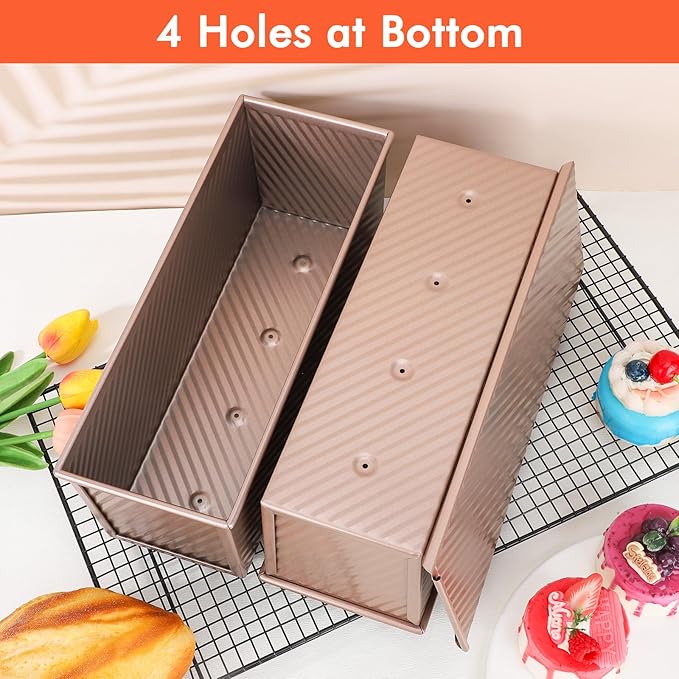 Beasea Pullman Loaf Pan with Lid, 2 Pack 2 lb Large Bread Loaf Pans 12x4inch Nonstick Carbon Steel Toast Box with Dough Scraper Set for Homemade Bread Sandwich Oven Baking - Rose Gold