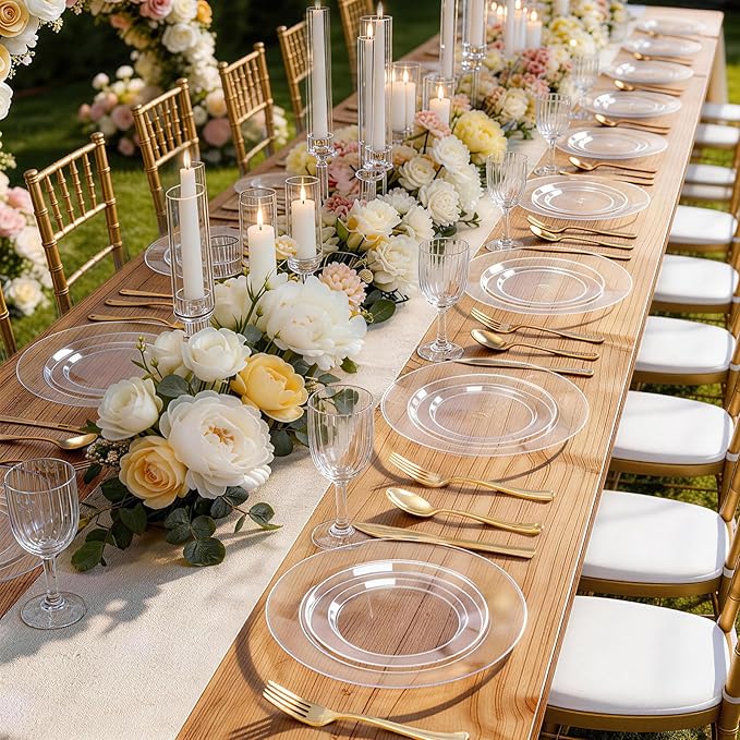 WDF 200PCS Clear Plastic Plates for Party - Heavy Duty Clear Disposable Plates - 100 x 10 Dinner Plate and 100 x 7 Dessert/Cake Plastic Plate for Weddings/Traval/Party/BBQ/Events