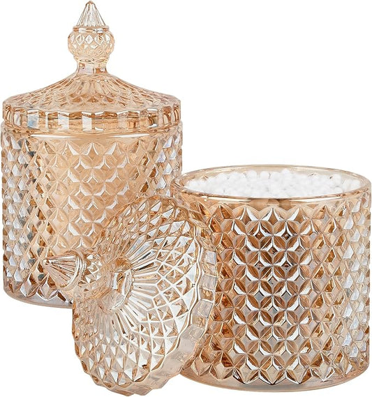 2 Pack Qtip Holder Thick Glass Apothecary Jars with Lid for Bathroom Decor Storage Organizer for Cotton Swabs, Balls, Pads, Floss Picks, Candy, Jewelry, Amber