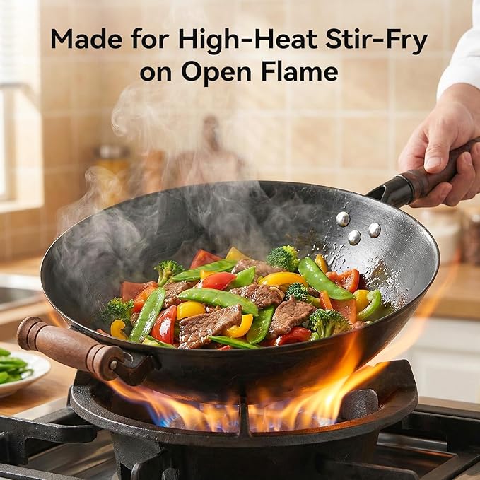 WANGYUANJI 12.6” Cast Iron Wok with Glass Lid – Traditional Round Bottom Chinese Wok for Gas Stove & Open Flame (Wok Ring Required) – Uncoated Clay-Mold “Turtle Shell” Texture – Seasoning Needed