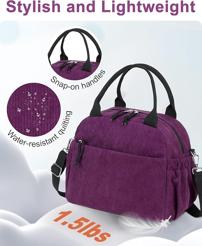 Bluboon Lunch Bag for Women Cute Corduroy Lunch Tote Bags with Shoulder Strap Reusable Insulated Lunch Box Large Capacity Reusable Insulated Cooler for Work Picnic or Travel (13L)