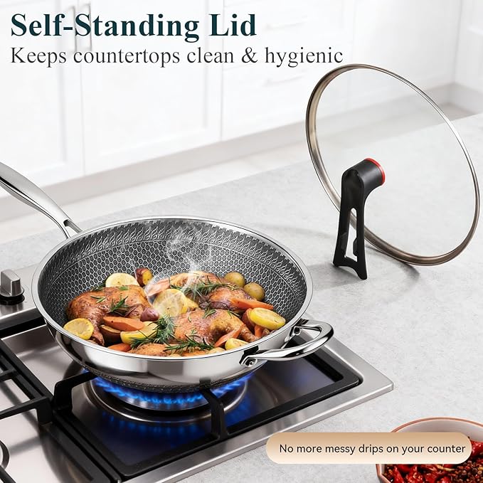 12 Inch Stainless Steel Honeycomb Wok with Standing Lid, Flat Bottom Stir Fry Pan, PFOA-Free Physical Nonstick, Induction Compatible & Dishwasher Safe Wok