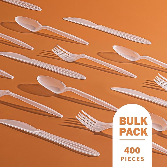 PLASTICPRO 400 Pack Disposable Plastic Utensils Assorted Colored Cutlery Combo Set Forks Spoons Knives Silverware, Transparent Plastic Cutlery for Parties