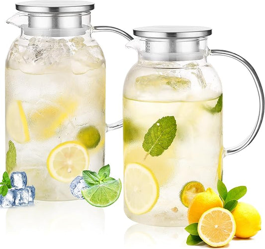 2Pack 68 oz Glass Pitcher With Lid. Glass Carafe for Hot/Cold Water. 0.5 Gallon Pitcher for Fridge. Water Jugs for Cold Brew Coffee, Iced Tea, Milk, Sun Tea Jar