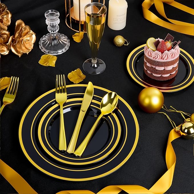 BESTVIP 200PCS Black Plastic Plate with Gold Rim, Disposable Party Plates with 100 Dinner Plates and 100 Dessert Plates, Plastic Plates for Party, Wedding and Birthday