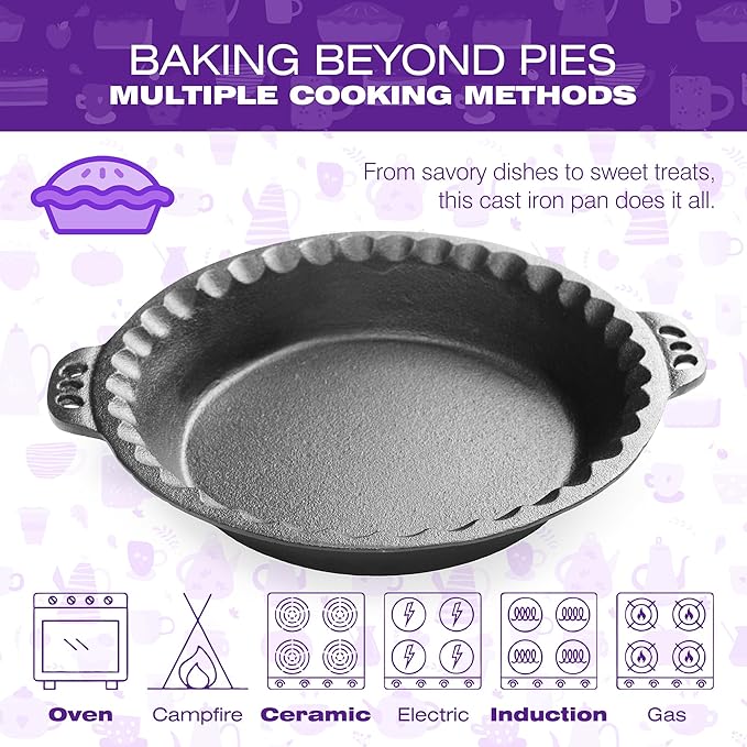 KUHA Cast Iron Pie Pan | Pre-Seasoned Round Cast Iron Pan for Apple, Pumpkin & Cherry Pies, Quiche & Tarts | For Baking & Serving | Silicone Trivet Included | 9", 2" Deep