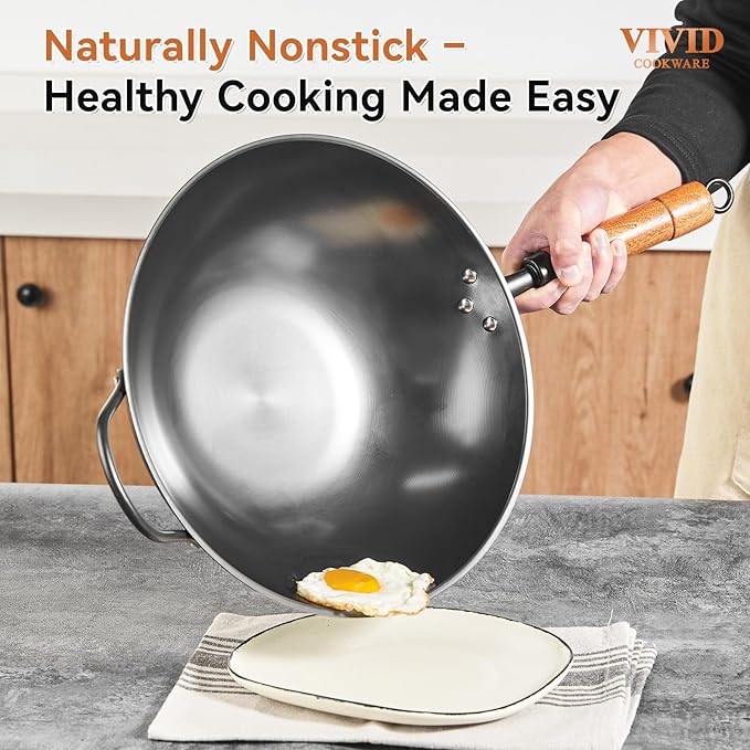 12.6 Inch Carbon Steel Wok with Lid, Flat Bottom Induction Wok Pan, Non-Coated Stir Fry Wok Skillet with Helper Handle, Gas Electric Ceramic Halogen Compatible, Includes Iron Wok Spatula