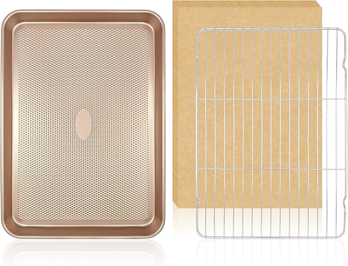 Baing Set, 1 Piece Baking Sheet(17'') & 1 Piece Wired Rack and 50 Piece Parchment Paper, Non-Stick Cookie Sheet with Food Cooling Rack, Heavy Duty & Warp Resistant Baking Pan Baking Supplies