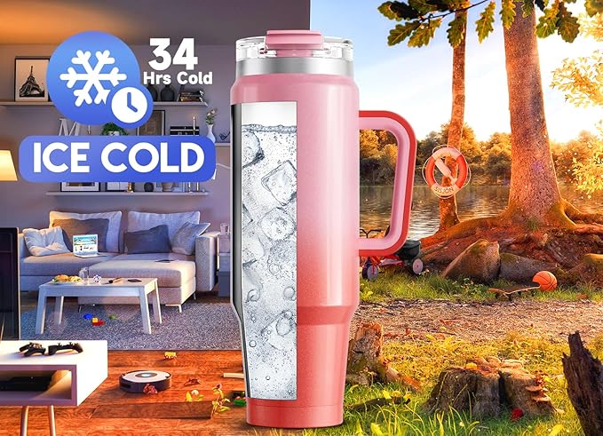 Meoky 40 oz Tumbler with Handle and Straw, Insulated Tumbler with Lid and Straw, Stainless Steel Travel Mug, Keeps Cold for 34 Hours, 100% Leak Proof, Fits in Car Cup Holder (Flamingo)