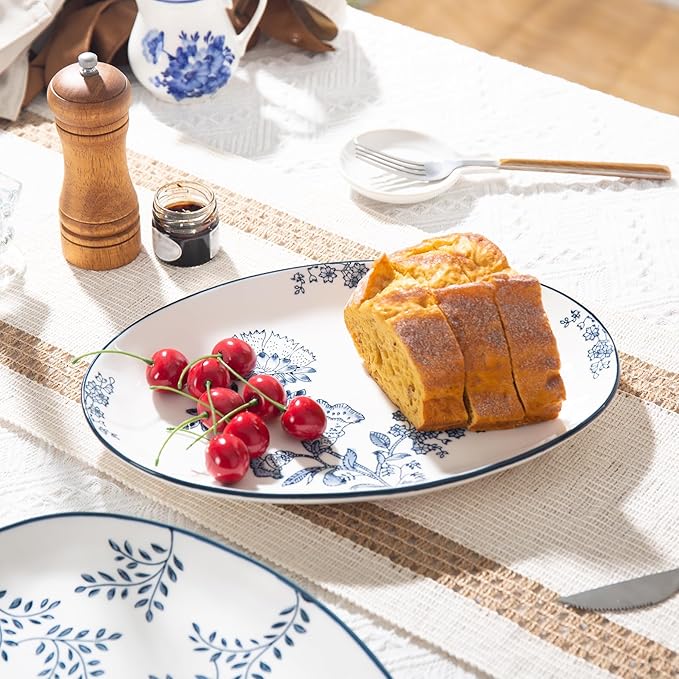 Ceramic Serving Platters, 12 Inch Large Serving Trays, Oval Plates for Dessert Appetizers Meat/Entertaining/Party, Blue and White, Set of 3