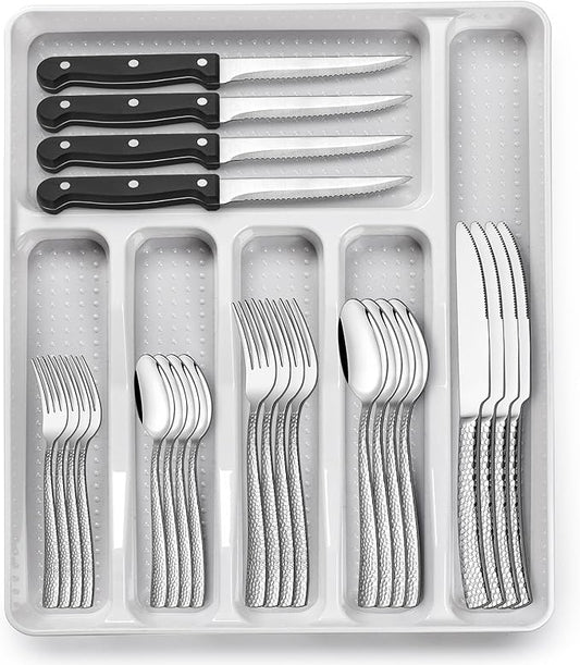 49-Piece Hammered Silverware Set with Organizer, Food-Grade Stainless Steel Flatware for 8, Cutlery Utensil Sets with Steak Knives, Rust-proof, Mirror Polished, Dishwasher Safe, Wave Hammered