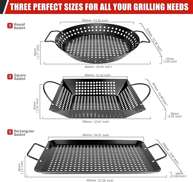 Qetumst Large 3 Piece Grill Basket Set for Outdoor Grill, Heavy Duty Veggie Grilling Pan with Riveted Handles, Warp Resistant Nonstick BBQ Accessories for Vegetables, Seafood & Meat