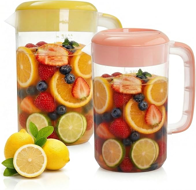 Jucoan 2 Pack 1 Gallon Plastic Pitcher with Lid, Large Water Drink Pitcher, Ice Tea Pitchers with Strainer Cover, Handles, Measurements for Party Sun Tea, Lemonade, Sangria, Cold Brew