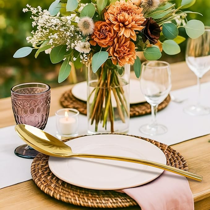 Gold Serving Spoons, Extra Large Serving Spoons Set- 12-Inch Stainless Steel Serving Utensils for Buffet for Buffet, Parties, Catering, Banquet - Dishwasher Safe (2-Pack, Gold)