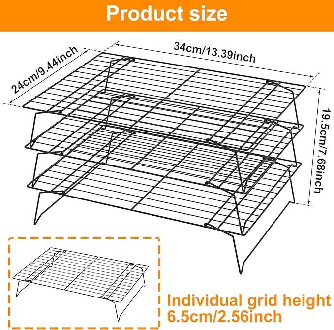 3-Tier Stackable Cooling Rack 13.4x9.4 Collapsible Baking Rack with Non-Stick Coating, Rustproof Heavy Duty Iron Wire Racks for Cooling, Baking, Grilling, Oven & Dishwasher Safe
