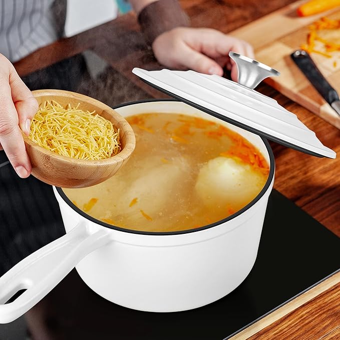 Enameled Cast Iron Sauce Pan with Lid, Leonyo 1 Quart Saucepan with Lid, Heavy Duty Cast Iron Pot Kitchen Cookware for All Cooktops Cooking Pasta Sauce, Soup, Milk - Up to 500°F & 4.4Lbs, White