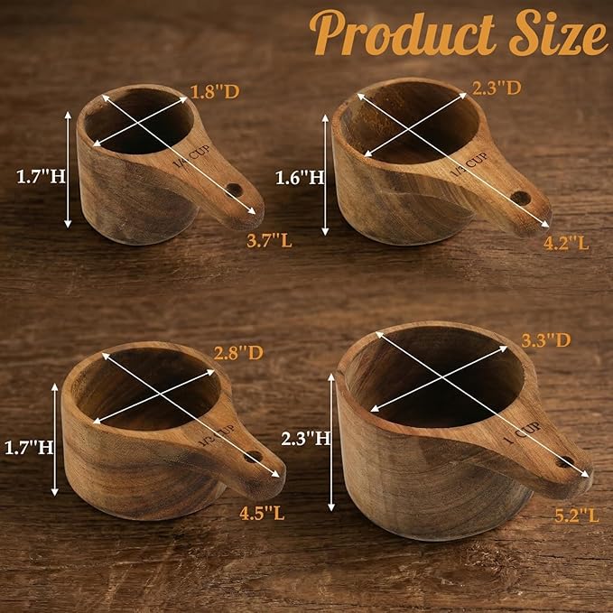 Lyellfe Set of 4 Acacia Wood Measuring Cups, Stackable Kitchen Measure Tool with Handle, Baking and Cooking Measuring Set, Handcrafted with Polish Finish, 4 Size