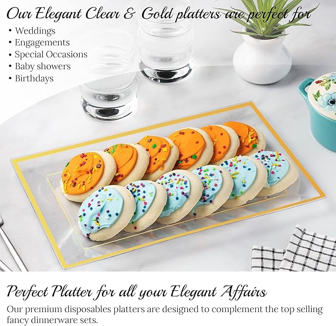 Elegant Plastic Serving Tray & Platter Set (6pk) - Clear & Gold Rim Disposable Serving Trays & Platters for Food - Weddings, Upscale Parties, Dessert Table, Cupcake display - 8x13 inches