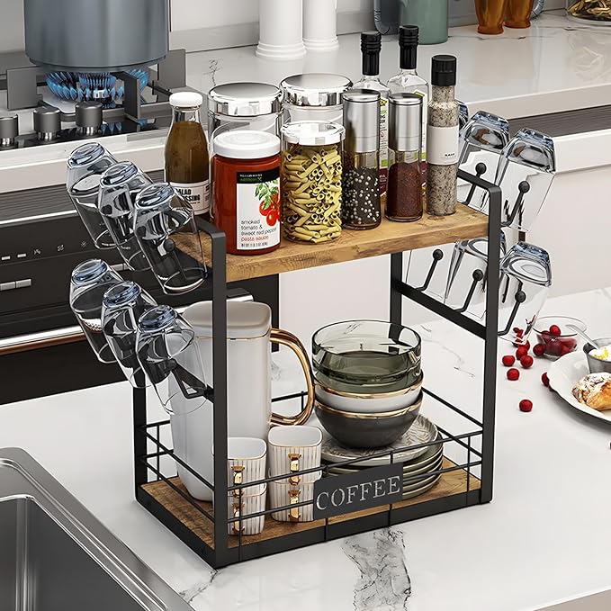 Coffee Mug Rack with 12 Hooks, 2-Tier Coffee Cup Holder with Shelf and Storage Basket, Kitchen Mug Organizer for Bar Kitchen Déco