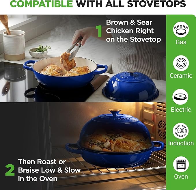 NutriChef 10.2" Enameled Cast Iron Bread Oven, Dome-Shaped Sourdough Baking Pan with Handles & Silicone Gloves, Oven-Safe to 500°F, Dishwasher Safe Dutch Oven Bread Pan (Blue)