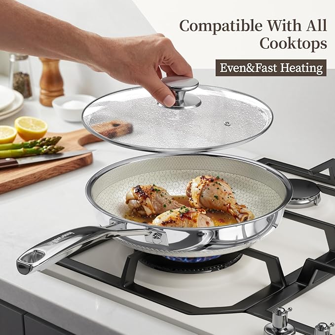 8 Inch Non Stick Frying Pan with Lid, Ceramic Hybrid Tri-Ply Stainless Steel Nonstick Skillet W/Lid, Small No Toxic Cooking Pans Induction Egg Frying Pan W/Stay Cool Handle, PFAS/PFOA/PTFE Free