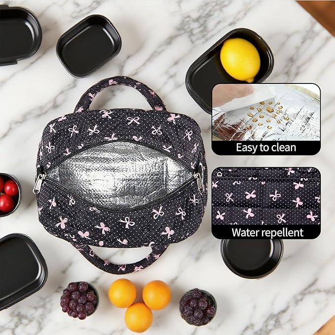 LEDAOU Lunch Box for Women Lunch bag Quilted Puffer Lunch Box Insulated Reusable LunchBox for Work School Picnic Travel (Pink Bow - Black)