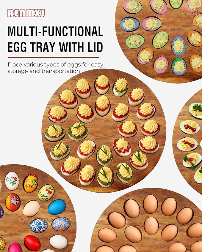 Deviled Egg Containers with Lid, Easter Gifts Set (24 Eggs), 2026 Upgraded Acacia Wooden Deviled Egg Tray Platter for Party and Home Kitchen, The Lid is Dishwasher Safe (White)