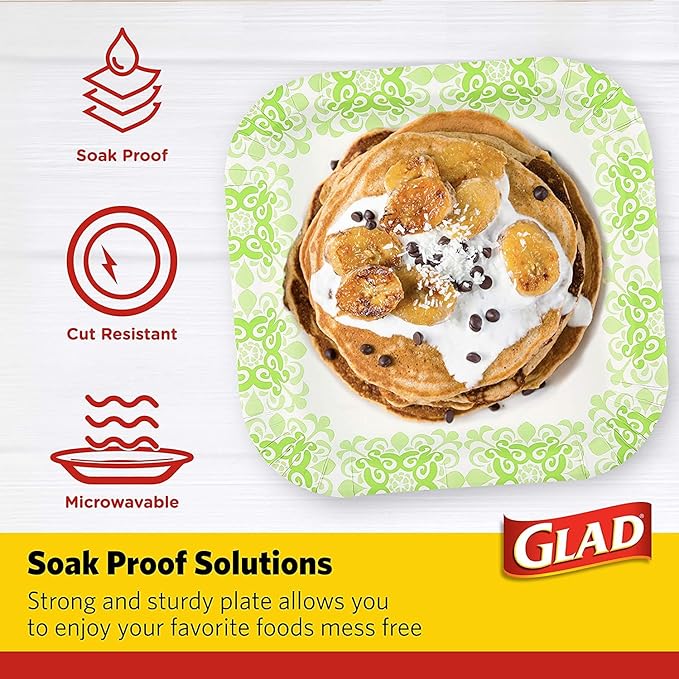 Glad Square Heavy Duty Paper Plates, Soak Proof and Cut Proof Disposable Plates for Parties and Everyday Meals, Microwaveable for Easy Serving, Green Victorian Pattern, 10 Inch, 50 Count - 6 Pack