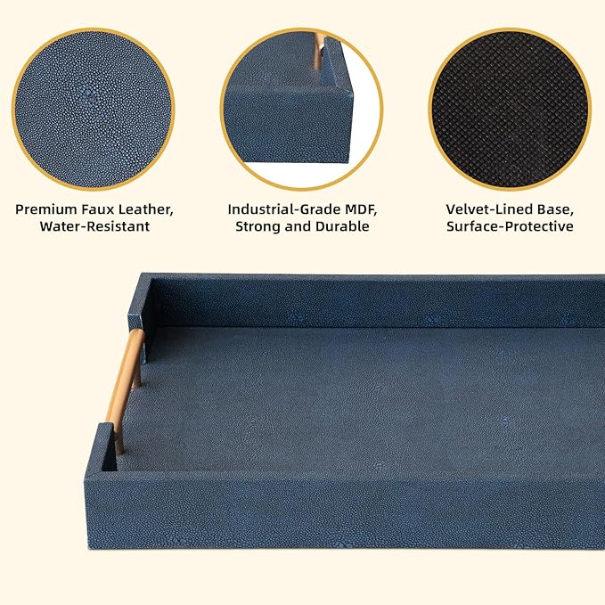 Modern Decorative Tray Set of 2, Blue Shagreen Leather Tray, Rectangle Serving Trays with Gold Polished Metal Handles, Ottoman Trays Coffee Table Perfume Kitchen Home Decor