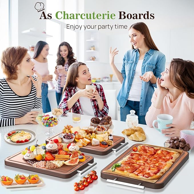 Stainless Steel Cutting Board Wood Double Sided Chopping Cutting Boards for Kitchen - 2 in 1 Ebony Metal with Handle Scratch Resistant Raw Meat Vegetable Fruit Cooking Gift 17.7''×11.6''×1''(Upgraded)