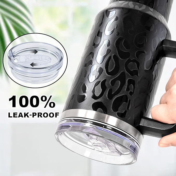 40 oz Tumbler with Handle and Straw, 100% Leak-Proof Travel Mug, Stainless Steel Double Wall Vacuum Insulated Coffee Cup Keeps Cold For 34 Hours, Full Black Leopard
