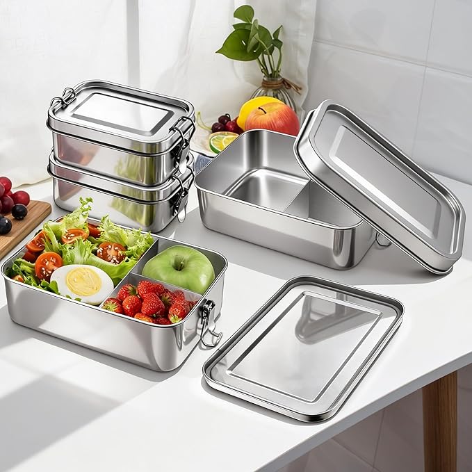 E-far Stainless Steel Bento Box, Large 2400ml Metal Lunch Box, 81oz Leak-Proof Lunch Food Container with Lids and Divider, Reusable Meal Storage for Camping Picnic Travel Work
