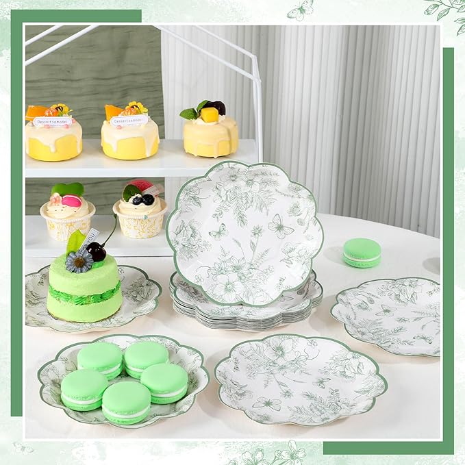 30Pcs Sage Green Floral Paper Plates, 7 Inch Spring Plates Vintage Chinoiserie Flower Plate Scalloped Cute Easter Plate for Garden Party Tea Party Birthday Baby Bridal Shower