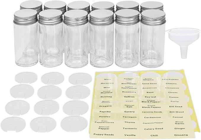 Simple Houseware 12-Pack 3 oz Glass Spice Jars, Round Bottles with Shaker Lids, Funnel and Labels for Seasoning & Storage
