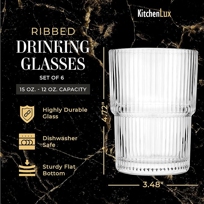 Ribbed Drinking Glasses - Ribbed Glass Cups 15 oz - Ribbed Glassware Set of 6 - Textured Vintage Retro Ripple Aesthetic Glass Ware for Whiskey Cocktail Beer Water, Coffee Bar Accessories