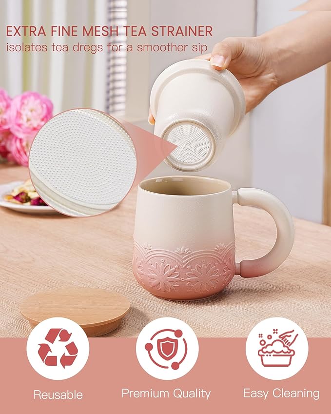 ZENS Tea Cup with Infuser and Lid for Loose Leaf Steeping, 11oz Embossed Ceramic Tea Infuser Mug, Wood Lid Tea Diffuser for Black Tea Lovers Gifts, Pale Pink