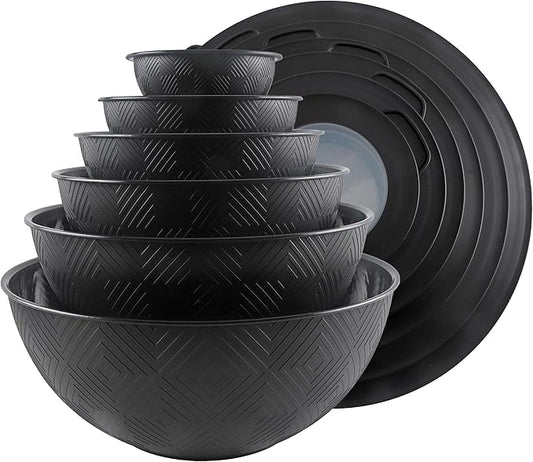 COOK WITH COLOR Mixing Bowls with Lids - 12 Piece Plastic Nesting Bowls Set includes 6 Prep Bowls and 6 Lids, Microwave Safe Mixing Bowl Set, Black Rhombus