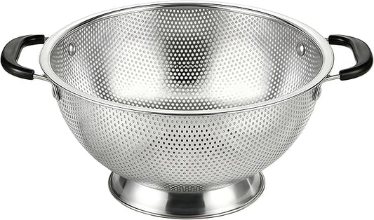 304 Stainless Steel Colander, 3 Quart Micro-Perforated Strainer with Heavy Duty Plastic Handles - Fast Draining Metal Basket for Rinsing Rice, Washing Vegetables, Draining Pasta - Dishwasher Safe