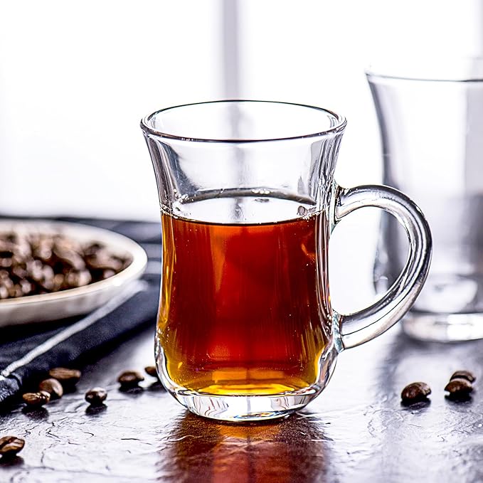 Turkish Tea Glasses With Handle - Tea Cups Set of 6 - Slim Waist Thick Sole Tea Glass for Hold Cold Drinks, 5 oz / 150ml