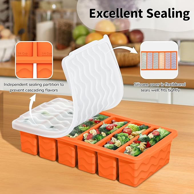 Doasuwish 3-Pack Silicone Freezer Trays with Lid,2 Large 2-Cup(500ml)&4 Medium 1-Cup(125ml)&6 Small 1/2-Cup(75ml) Soup Freezer Container Molds,Ice Cube Tray For Meal Prep&Freezing Soup,Stews,Sauces