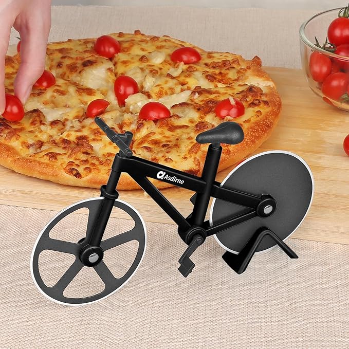 Pizza Cutter, Bicycle Pizza Cutter Wheel with Non-Stick Stainless Steel Super Sharp Blades, Novelty Gift, 7.5", Black