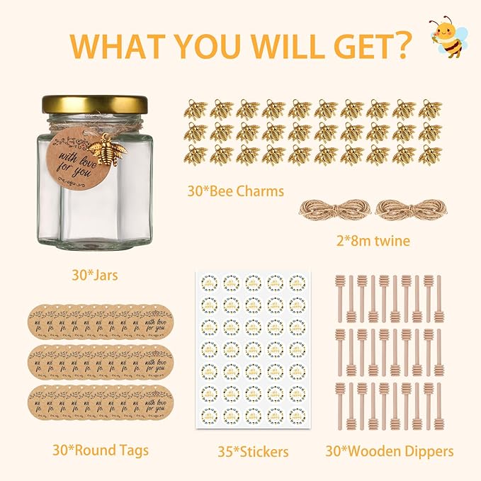 3 oz Mini Honey Jars with Dipper, 30 Pack Glass Hexagon Honey Jar for Baby Shower, Empty Glass Jars for Wedding Favors and Party