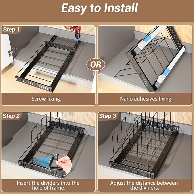 Housolution Pull Out Large Baking Tray and Cookie Sheet Organizer, 20" Deep Cutting Board Organizer with 4 Adjustable Dividers, 12" Wide Bakeware Muffin Pan Storage Rack for Cabinet